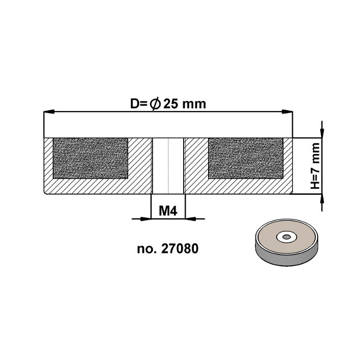 Magnetic lens / pot magnet dia. 25 x height 7 mm with inner screw M4-6H
