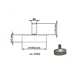Magnetic lens / pot magnet with stems dia. 32 x height 7 mm with outer screw M6, screw height 10 mm