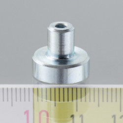 Magnetic lens / pot magnet with stems dia. 13 x height 4,5 mm with outer screw M3, screw height 7 mm