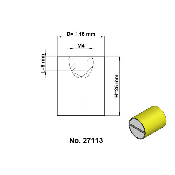 Magnetic lens, cylindrical, made of brass, with the tolerance of h6, diameter 16 x height 25 mm, with M4 inner screw, the screw 